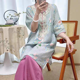 2026文艺复古绣花苎麻连衣裙夏季新款宽松盘扣宽松印花复古上衣