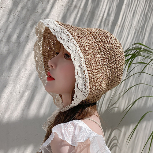 Influencer grass hat women summer lace tie beach hat fresh and simple seaside travel vacation sun protection sunshade hat strap