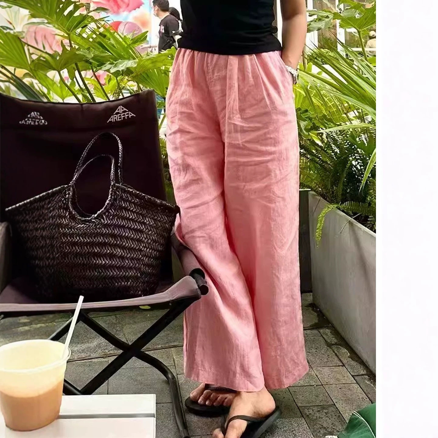 Linen pink casual pants, versatile cotton-linen blend, straight-leg, wide-leg, long pants, relaxed and stylish, new summer collection for women