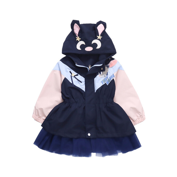 女の子のウサギの警察官の突撃服2025春のウエストの金はネットの紗の朱迪の帽子の中の長いタイプの突撃服をつなぎ合わせます。|undefined