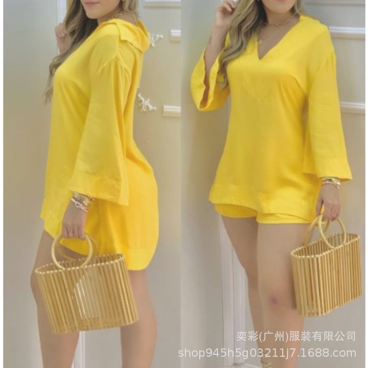 2023 European and American Women's Fashion Suit Explosion Solid Color Horn Sleeve V-Neck Top and Shorts Comfortable Fashion Suit
