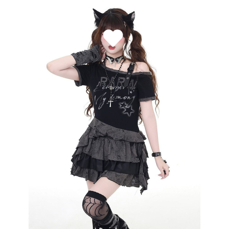 Night God's Moon サブカルチャー オフショルダー ニッチデザイン ショートスリムトップ Tシャツ スカートスーツ ホットガールニッチ|undefined