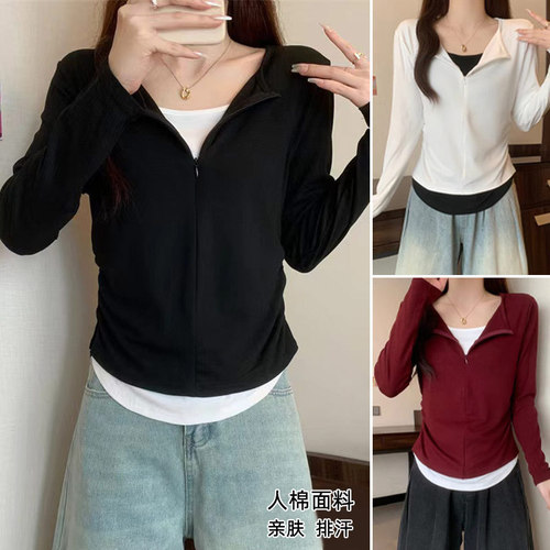 Angola Red False Zip Long-Sleeve T-Shirt for Women, Slim-Fitting, Outerwear for Autumn, Large Size Base Shirt Top