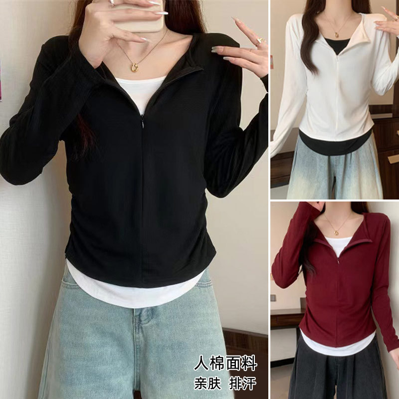 Fake Two-Piece Zipper Long-Sleeve T-Shirt for Women, Slim Fit, New Style, Plus Size, Korean Style, Beautiful Top for Spring