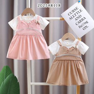 2025 summer cute children's clothing baby children's western style dress fake two girls new short sleeve dress