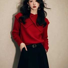 红色翻领毛衣女2025新款冬季今年流行漂亮感超好看针织衫上衣
