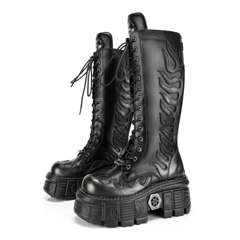 High-Heeled Lace-Up European and American Mid-Calf Shoes with Color-Washed Thick Soles, Punk Black Couple Boots, Flame Shoes, Personalized Trendy Shoes, Heavy Metal