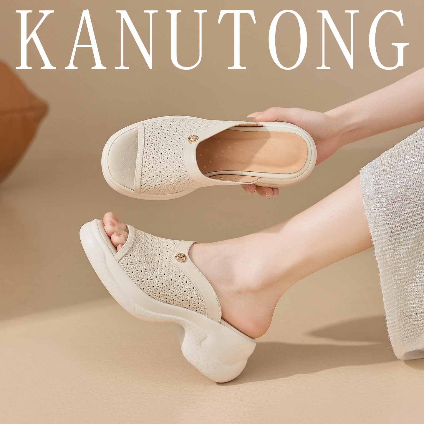 Sandal cao gót nữ mũi hở đế dày 6,5 cm phong cách đơn giản — màu trắng ngà chi tiết 1