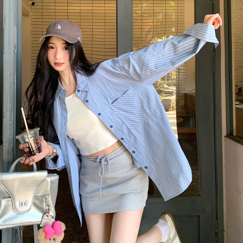 Blue Striped Long-sleeved Shirt Coat Women's Spring and Autumn New Loose Slimming Casual Outer Wear Small Cardigan Shirt