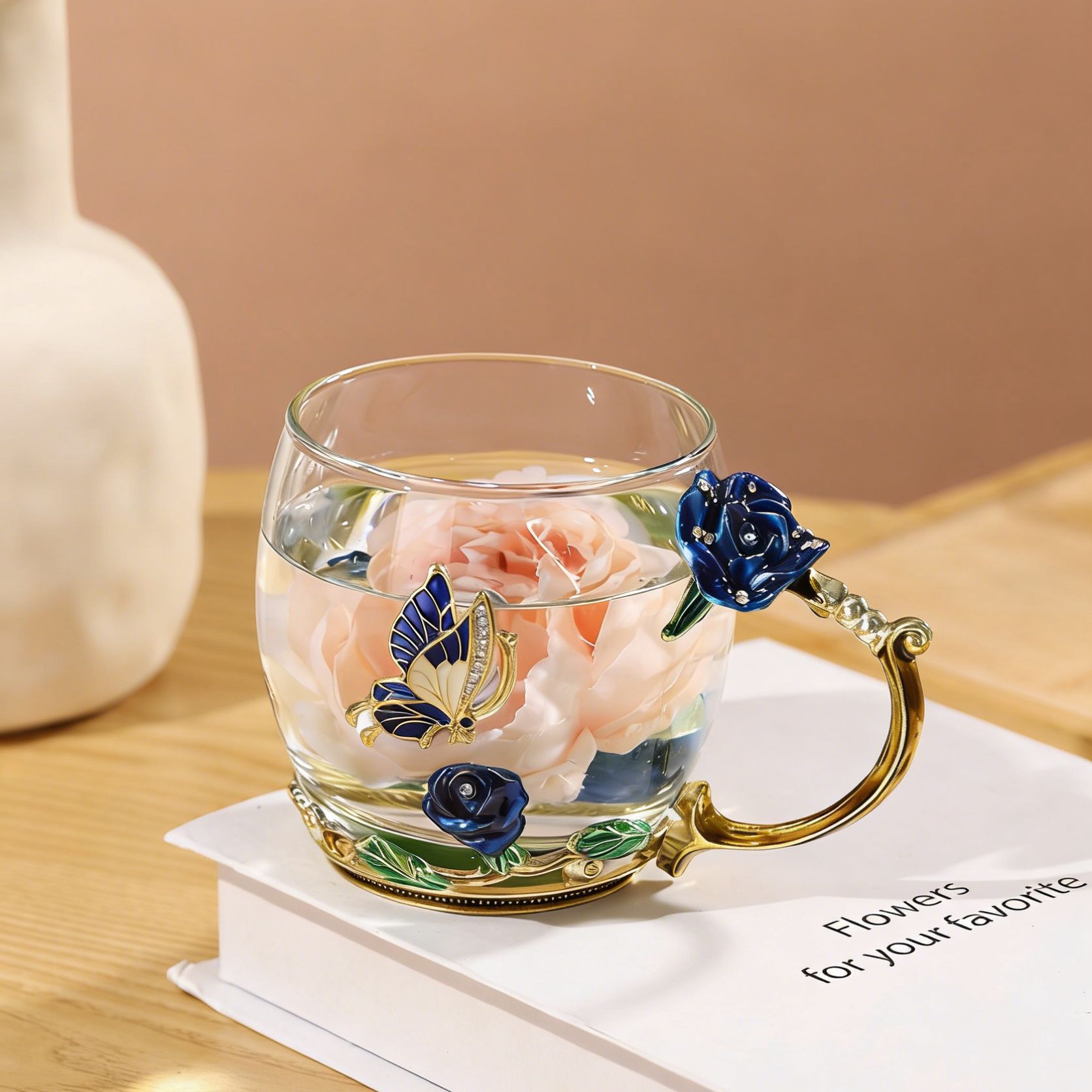 Taza de té con cubierta de flores creativa sala de estar taza de agua de desayuno de lujo taza de leche de esmalte de color taza de café de mujer taza de vidrio casero