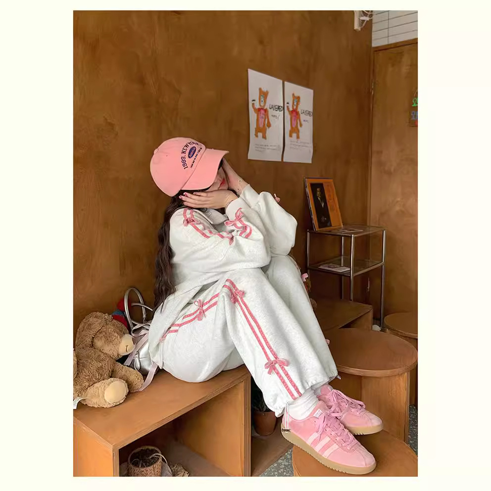 Hua Mian Academy Style Early Spring Wear Set 2024 New Bow Sports Casual Sweatshirt Coat Women's Straight Pants