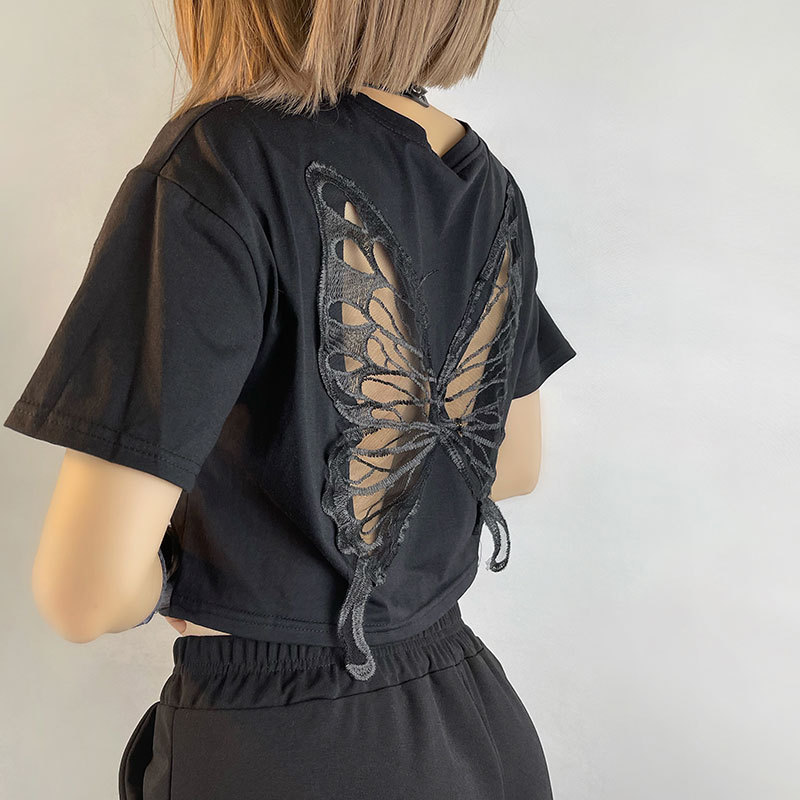 T-shirt corta con farfalle in pizzo nero 2025, stile europeo e americano, ampia, versatile, con maniche corte e dettagli traforati._voghion.com