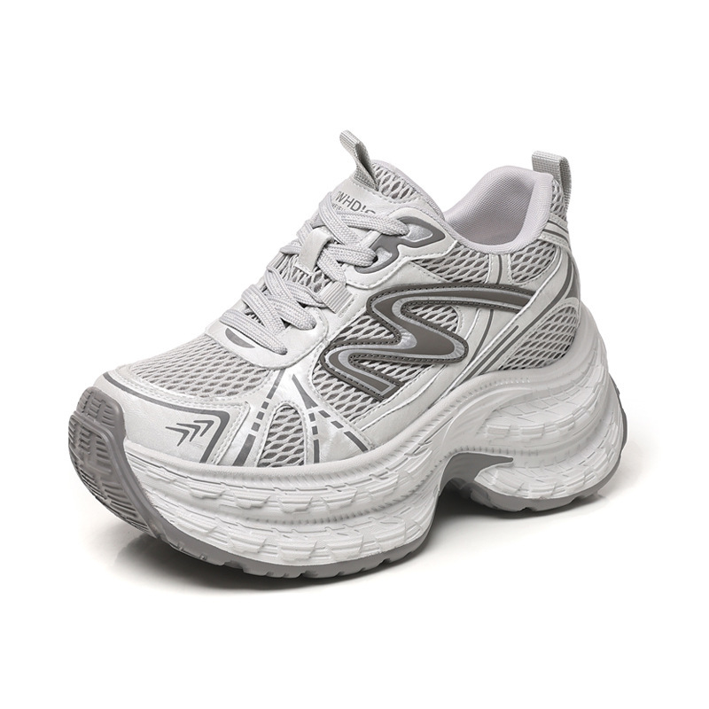 Giày sneaker nữ chunky đế dày lưới thoáng khí, tăng chiều cao — Xám đen