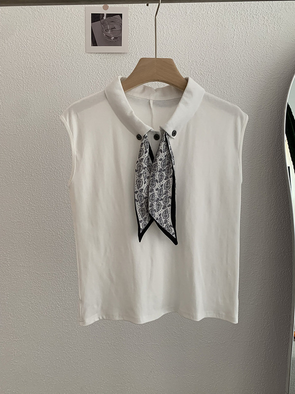 Omalai シルクスカーフ結び目ラペル半袖 Tシャツ女性のための 2025 夏スリムフィット無地多用途トップ 3877|undefined
