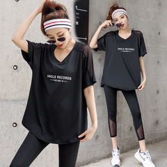 瑜伽上衣女夏季短袖兩件套瑜伽背心套裝跑步健身衣運動罩衫