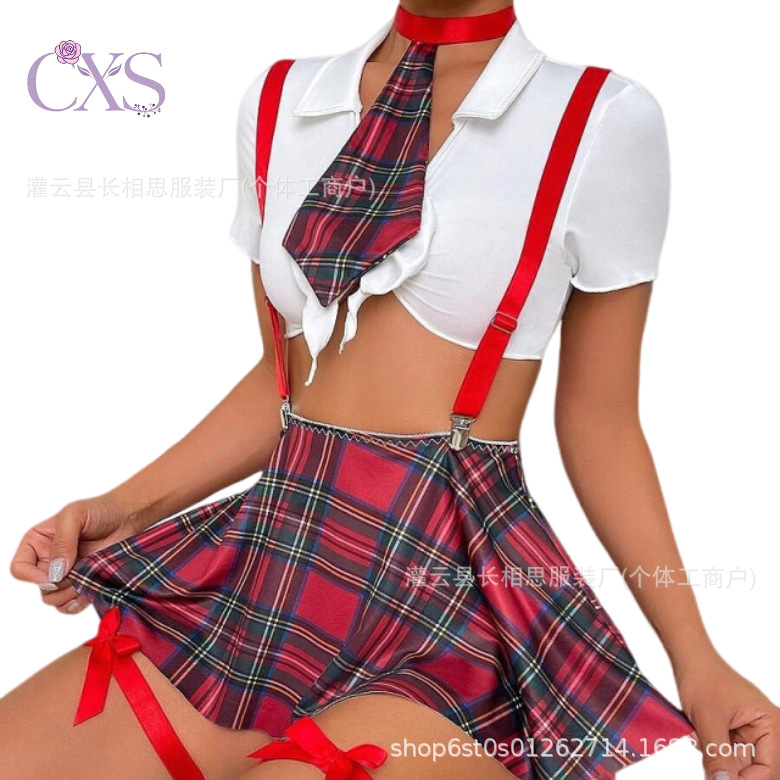 Cross-Border Amazon European and American Sexy Milk Silk Bra Plaid Skirt Student Wear Sexy Underwear Large Size Suit