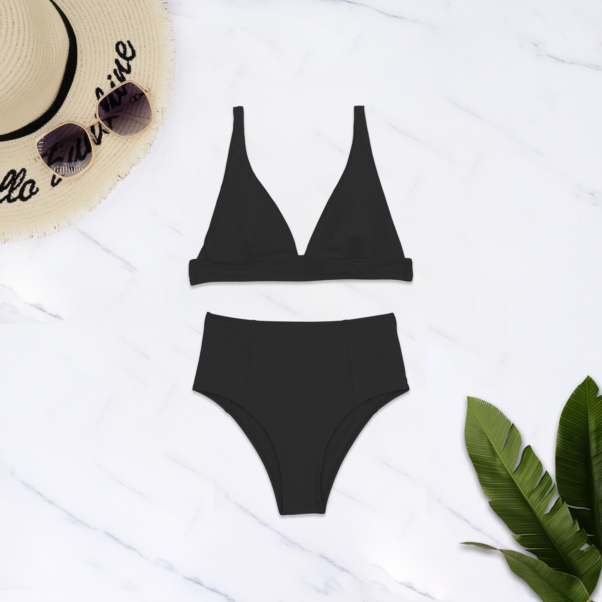 High-waisted Two Piece Bikini Solid Colour Swimsuit For Women_voghion.com