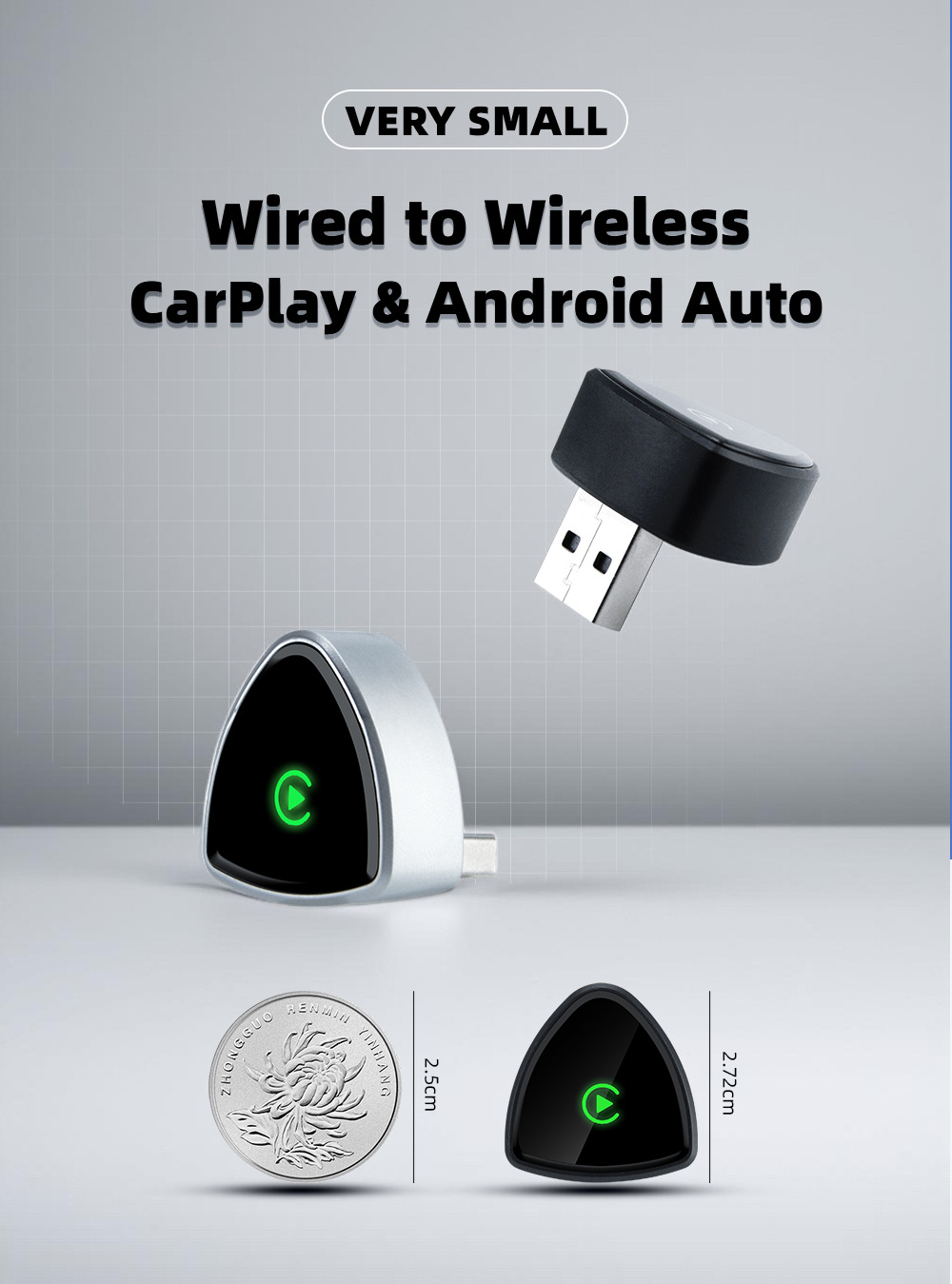 2-in-1 wireless CarPlay adapter for quick connection to the original wired car system, enabling smart connectivity in your vehicle