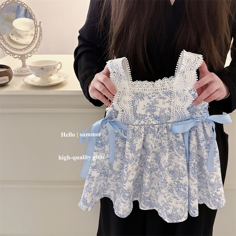 Vestido de bebé de siete meses de limón salado, falda de chaleco de encaje de encaje de lazo de porcelana azul y blanca de niña coreana