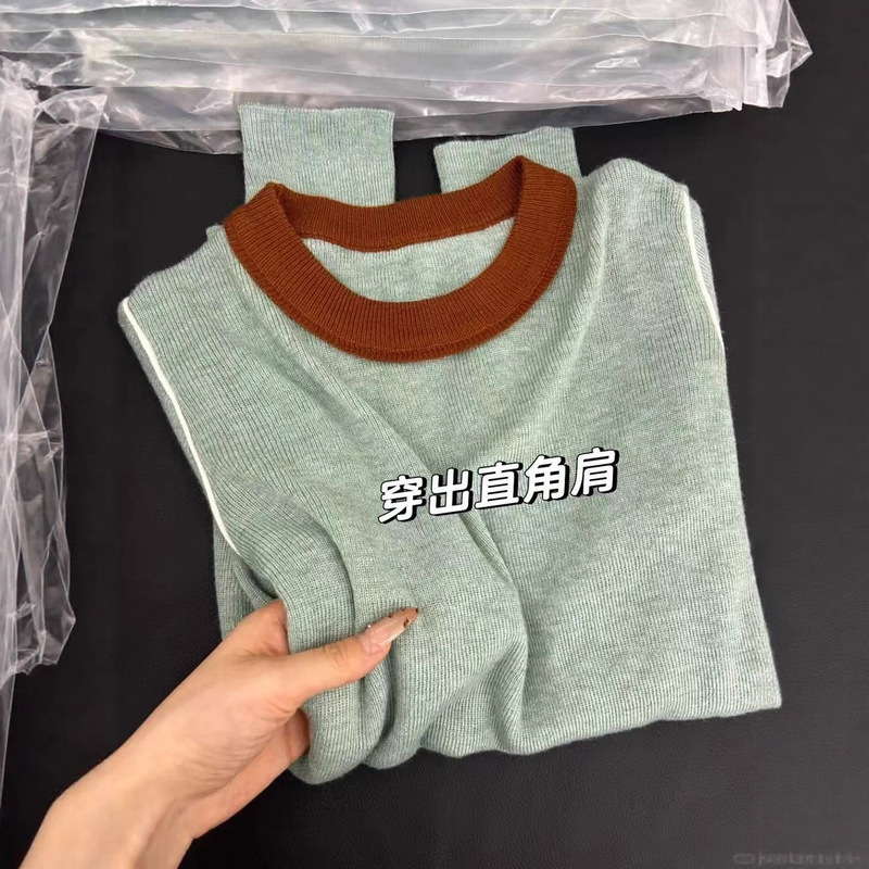 辣妹撞色拼接圆领针织打底衫长袖女秋冬正肩修身显瘦内搭别致上衣|undefined