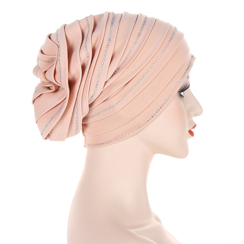 Alibaba.com Cross-border New Multicolor Pleated Beanie Air Layer Multi-layer Tube Hat Embellished with Gems