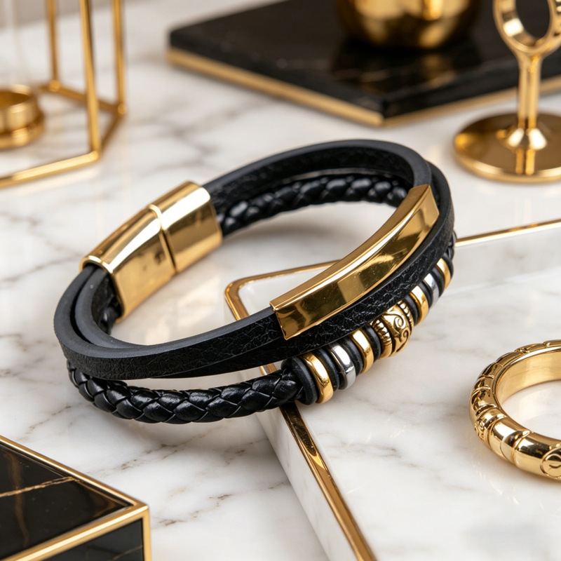 Men's Woven Leather Bracelet, Light Luxury Titanium Steel Accessory with Magnetic Clasp, Versatile Trendy Brand High-End Bracelet, Direct from Manufacturer