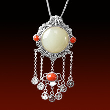 人品银品S925银镶和田玉流苏吊坠长款毛衣链女士泰银复古做旧项饰