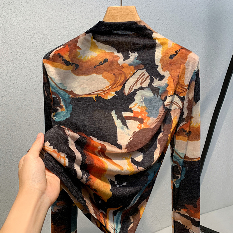 Camisa de fondo de cuello alto de las mujeres 2023 nuevas mujeres vintage impreso estilo occidental pequeña camisa elegante Cintura interior apretada superior