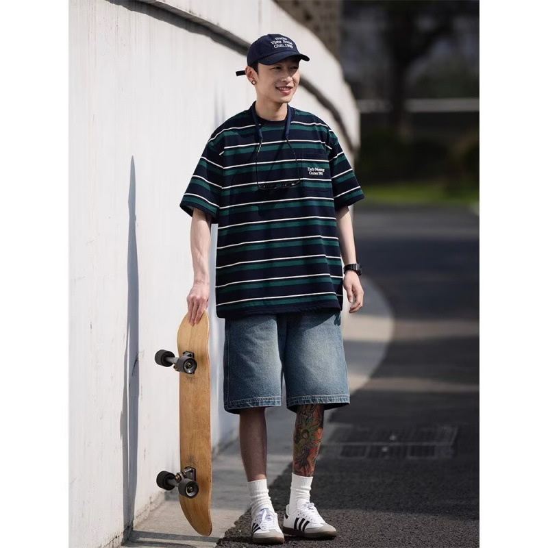 여름 청소년을 위한 미국 트렌디 브랜드 스트라이프 반팔 티셔츠 캐주얼 트렌디 다용도 루즈 코튼 반팔 탑