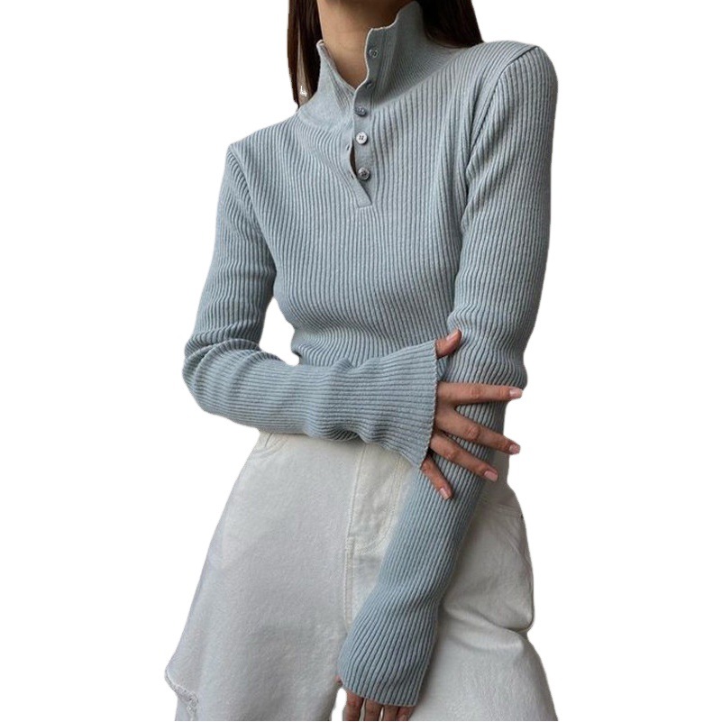 2023 cross-border ins vintage breasted medio jersey de cuello alto Otoño e Invierno ropa interior desgaste exterior suéter de fondo Delgado