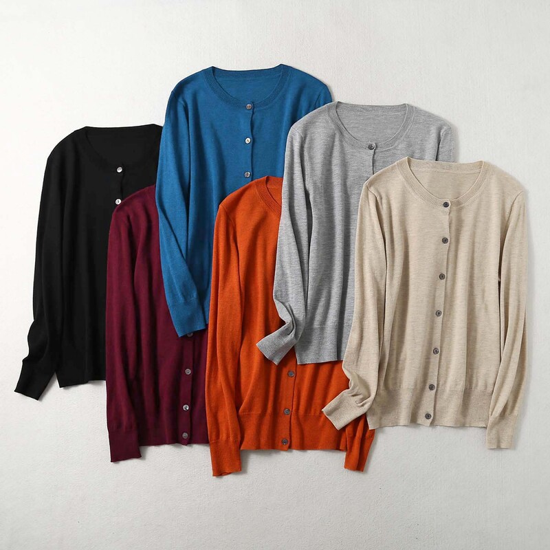 New spring and autumn round neck cardigan silk cashmere cotton blended long sleeve women's regular knitwear loose top