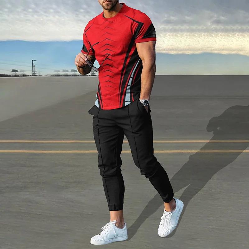 男性のスーツの夏の青年の半袖のtシャツのストライプは色のゆったりした弾力の薄い運動のズボンの2つのセットをつづり合わせます。|undefined