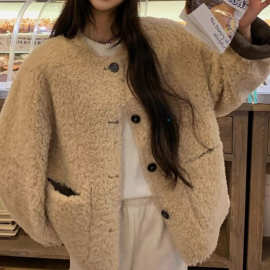 PPHOM1羊羔毛短款外套女秋冬加厚保暖圆领小个子宽松韩系毛毛上衣