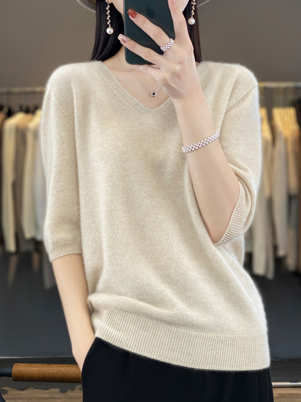 First-Line Clothing Pure Wool Short-Sleeved T-Shirt Women's V-Neck Pullover Loose Half-Sleeve Solid Color Knitted Cashmere Base Shirt
