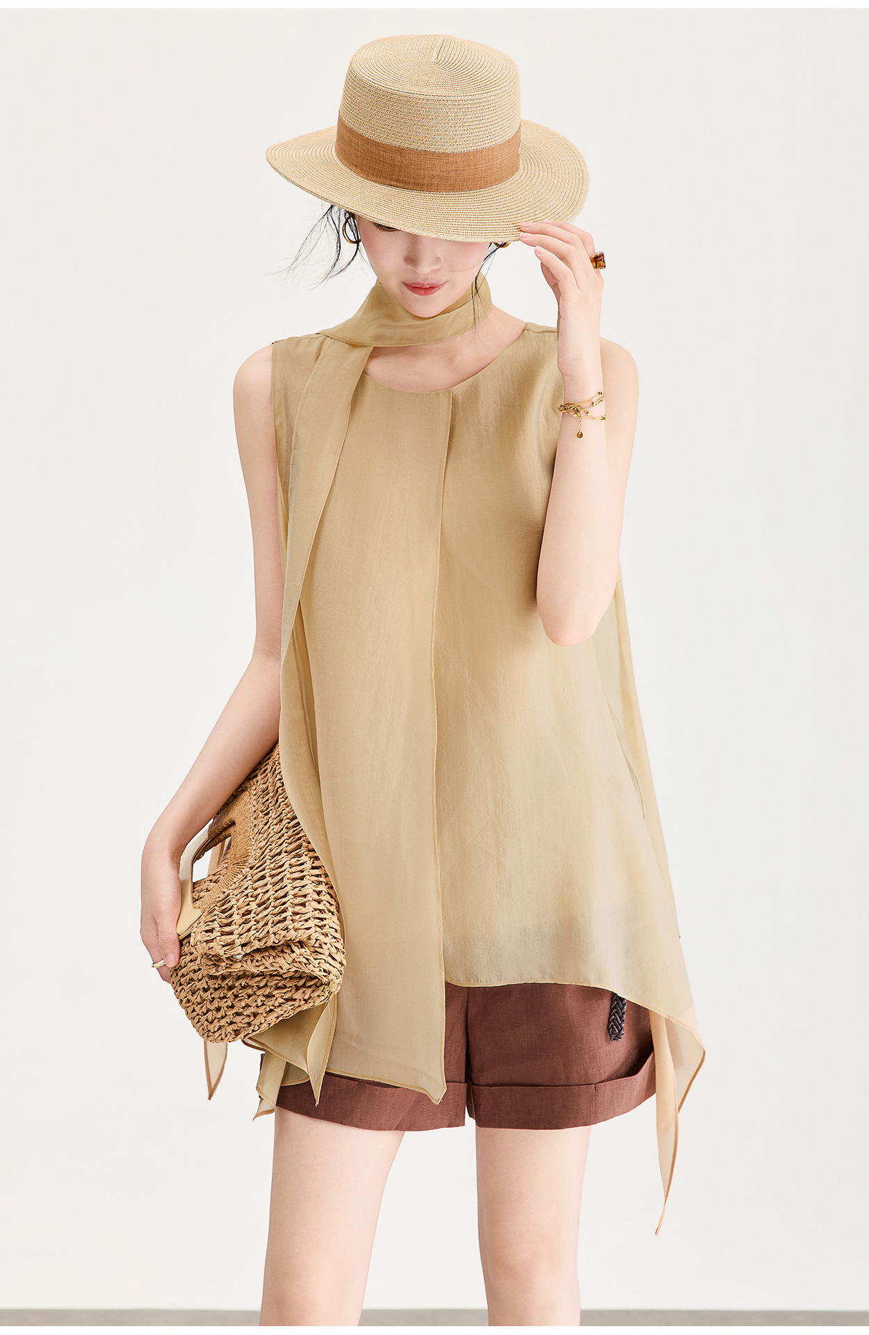 Áo hai dây nữ chất liệu satin phối dải ruy băng và tà bất đối xứng — xanh lá cây chi tiết 2