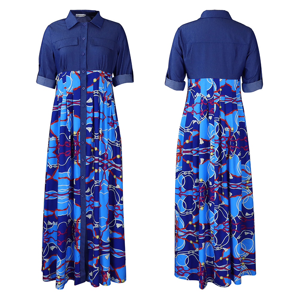 Abito da sera lungo da donna con stampa e dettagli in denim_voghion.com