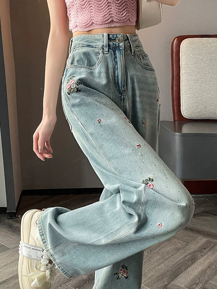 Новые широкие джинсы в китайском стиле с вышивкой и стразами для женщин, лето 2025, свободные узкие брюки длиной до пола с вышивкой