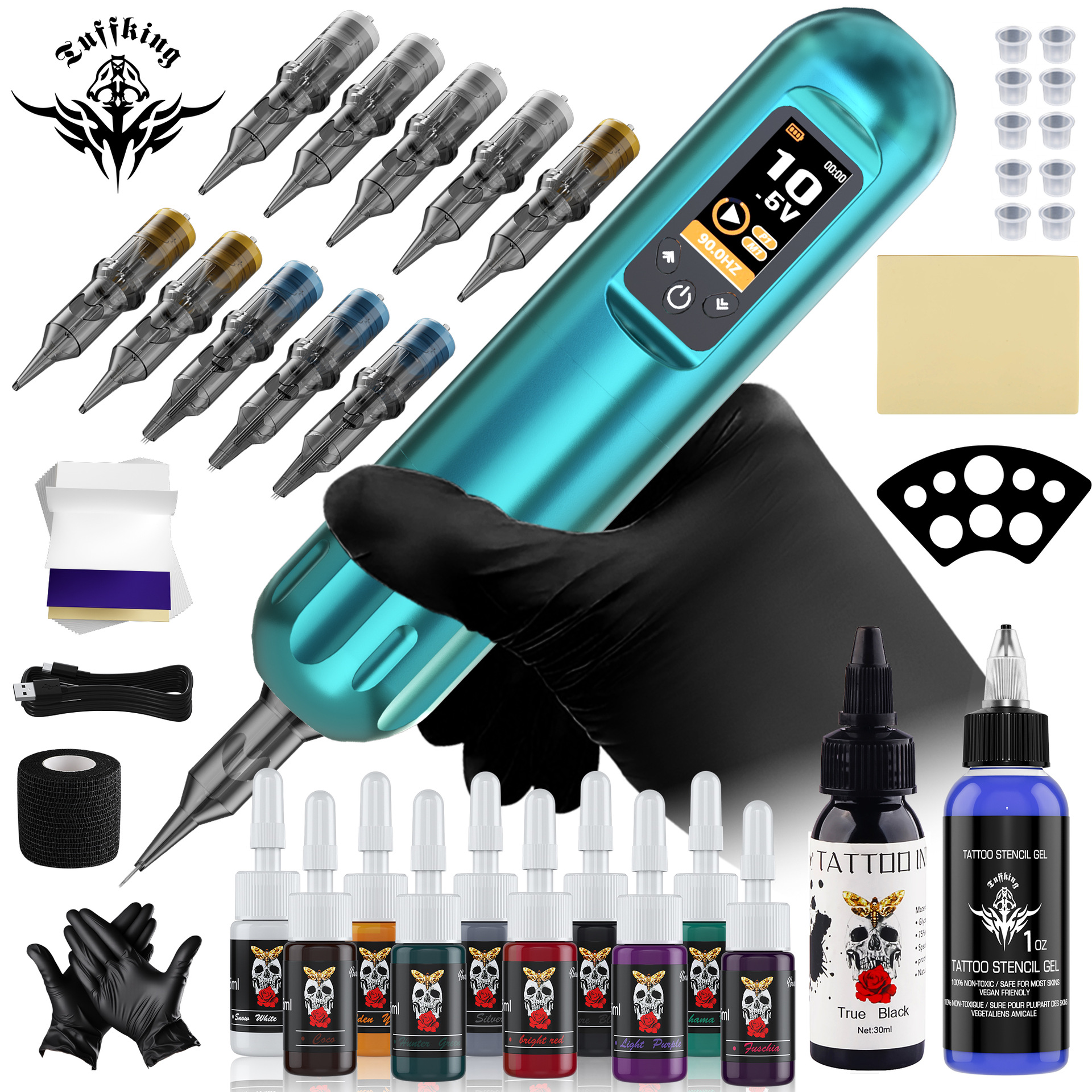 Tuffking pluma de batería inalámbrica conjunto de máquina de tatuaje de pantalla de color fuente de alimentación inalámbrica conjunto completo de equipos de tatuaje de corte de niebla