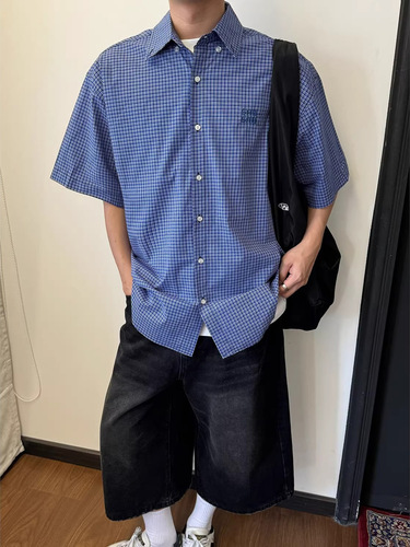 American retro lazy high-end blue checkered short-sleeve shirt for men and women, loose and versatile casual embroidered blouse, trendy