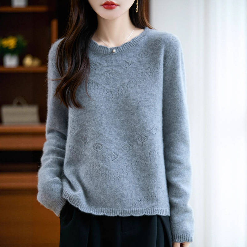 Pure Wool Base Shirt for Women, Thickened Round Neck Lace Hollow Basic Versatile Slimming Autumn and Winter Knitted Sweater