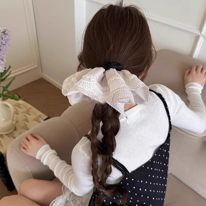 Primavera y verano, esbeltas nubes de color crema francesa de alta calidad, lazo para el cabello grande, cola de caballo, lazo de intestino grueso, tocado, flor para la cabeza