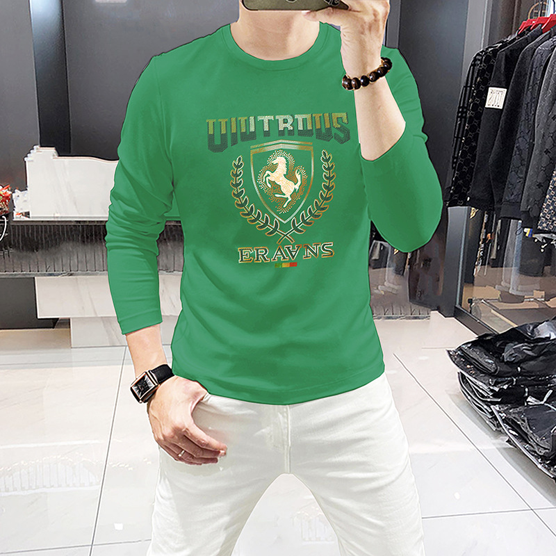 New long sleeved T-shirt base shirt with rhinestones, war horse European goods, men's round neck, spring and autumn_voghion.com