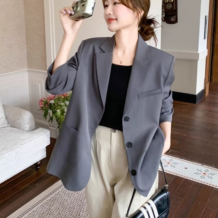 超火休闲灰色西装外套女春秋2025新款设计感小心机开叉蝴蝶结西服|undefined