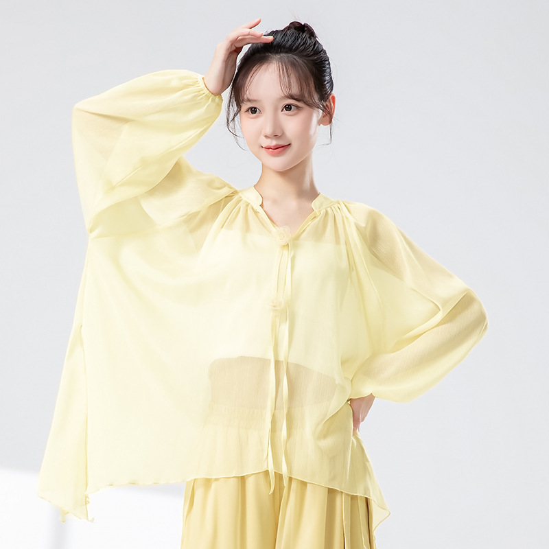 女性用クラシックダンス服、春夏新作、エレガントなガーゼ服、中国舞踊練習服、モダンダンスゆったりトレーニング服|undefined