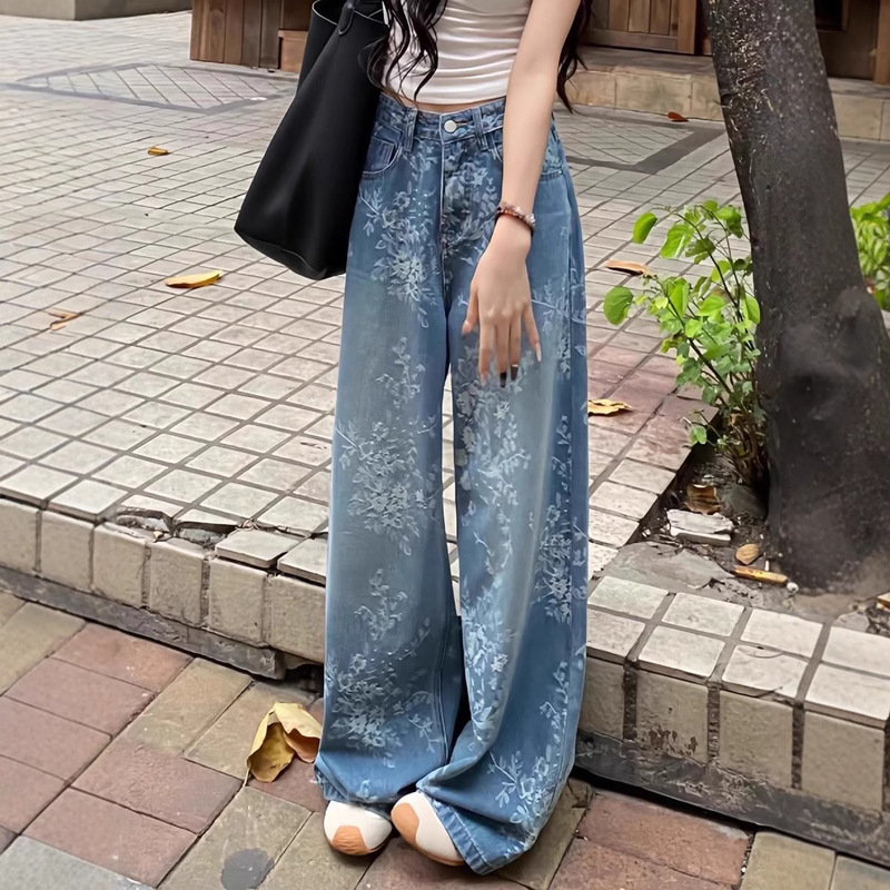 夏薄いレトロプリントナローワイドレッグストレートジーンズ女性のハイウエスト小柄なルーズドレープフロアモップパンツ|undefined