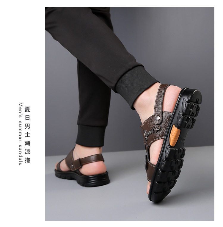 Dép sandal nam da bò thật quai ngang hở mũi, đế mềm chống trượt, đi biển và đi ngoài trời — GX màu nâu 23088, GX đen 23088 chi tiết 16