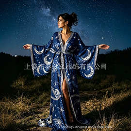 叁幺幺夏日度假风法式复古睡袍大摆印花绑带裙跨境temu独立站热销