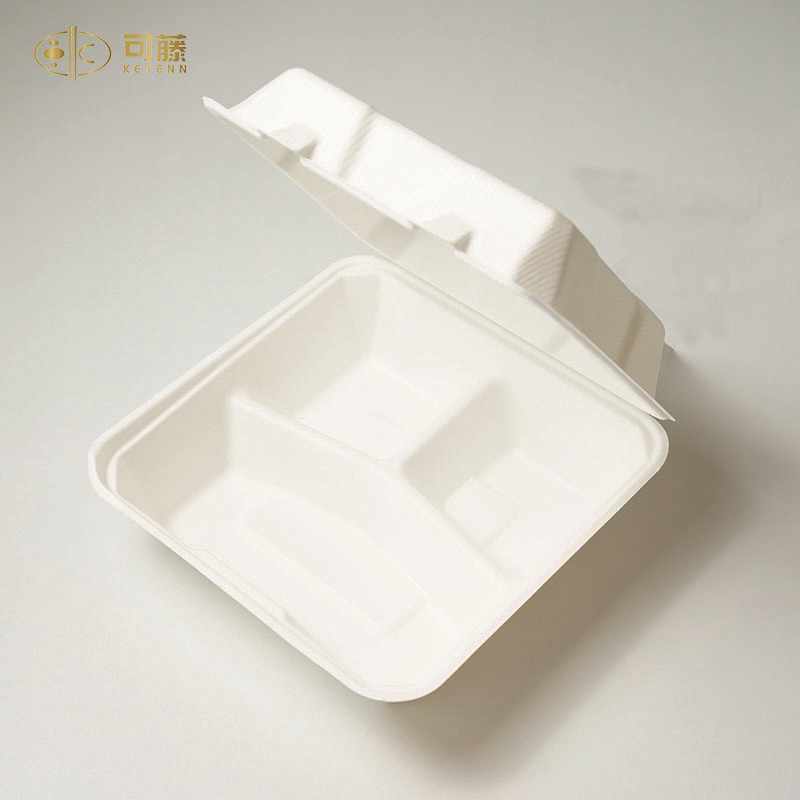 一次性可降解甘蔗浆餐盒 9寸三格分格连体包装盒打包外卖食品包装