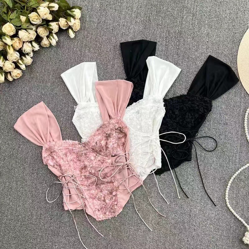 Lace short small flying sleeve tube top inner strap vest summer outer wear sexy sweet hot girl Fishbone strap top for women