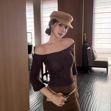 RHGD实拍 毛织编织一字肩方领‘两穿’中袖复古毛衣 半裙套装